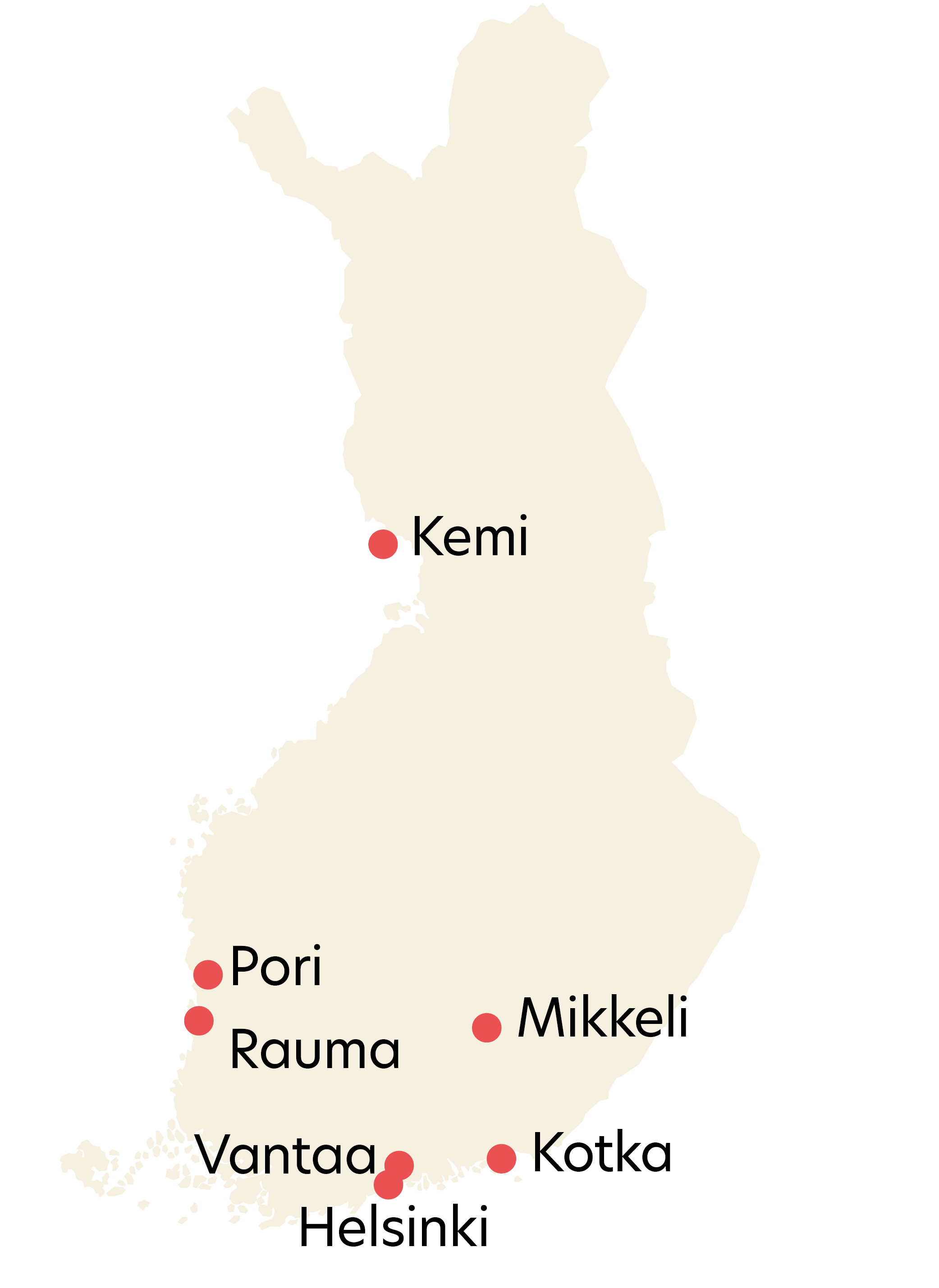 Suomen karttaan on merkitty arkistoaineistojen paikkakuntien sijainnit ja nimet: Helsinki, Vantaa, Kotka, Rauma, Pori, Mikkeli ja Kemi.