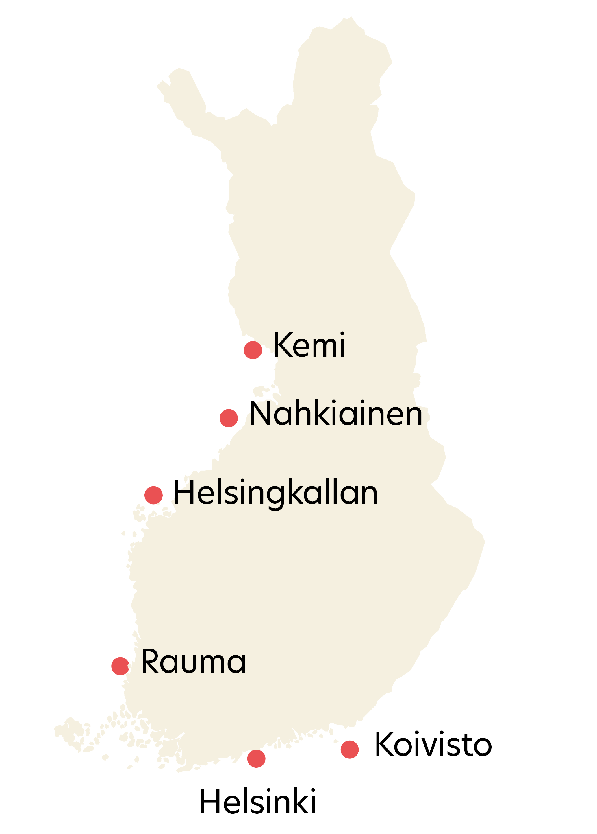 Suomen karttaan on merkitty aluksen asemapaikkojen sijainnit: Helsinki, Koivisto, Rauma, Helsingkallan, Nahkiainen ja Kemi.