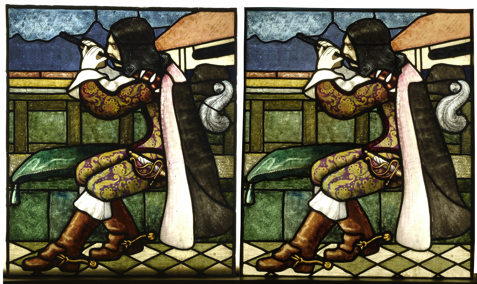 Kaksi rinnakkaista kuvaa samasta yksityiskohdasta, jossa mies istuu penkillä soittamassa huilua.